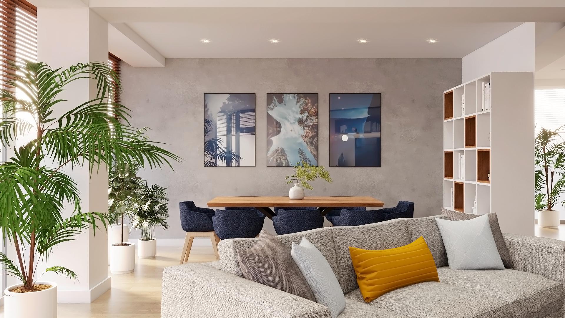 Nowoczesny salon z niebieskimi i żółtymi dodatkami