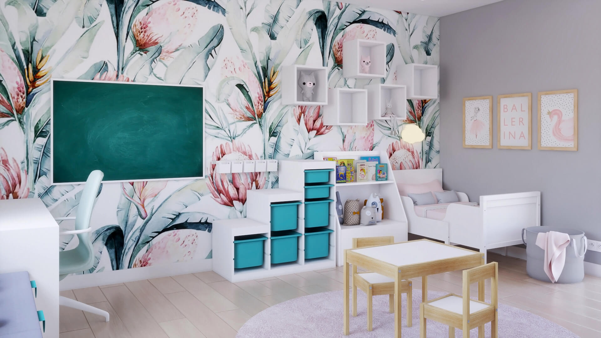 Pokój dla dziewczynki z motywami liści i kwiatów od Wizualhome Dorota Wąsik