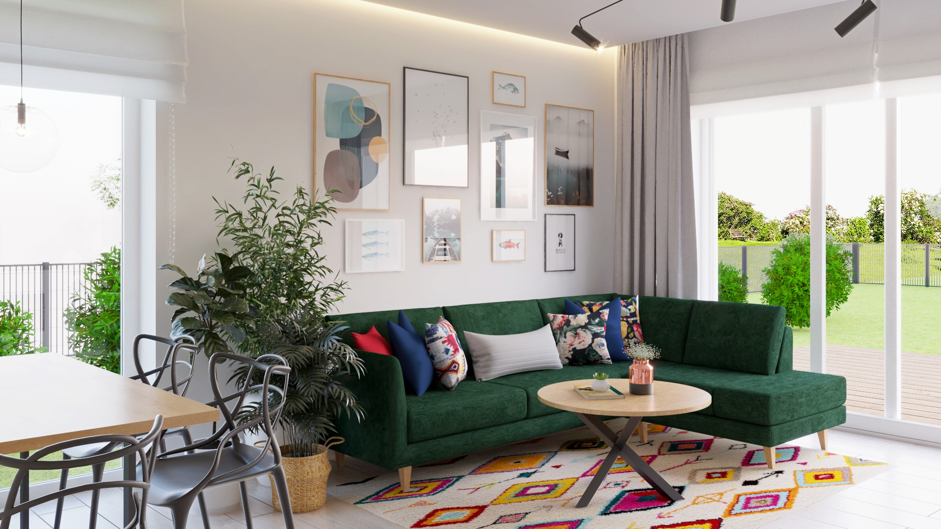 Nowoczesny salonon z motywem zielonego i granatu. Wizualhome - Czarodziejka Wnętrz